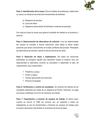 Paso 3. Identificación de la causa. Para el análisis de problemas y determinar
su causa, se utilizaran las otras tres herramientas de Ishikawa:

a) Diagrama de proceso.
b) Lluvia de ideas.
c) Diagrama causa-efecto de Ishikawa o espinas de pescado.

Con esta se busca la causa que genera la pérdida de calidad en el producto o
servicio.

Paso 4. Determinación de alternativas de solución. Una vez determinadas
las causas se procede a buscar soluciones. Esta etapa la llevan acabo
personas que tienen conocimiento en la fase conflictiva del proceso. Plantearán
las alternativas de solución usando la técnica de lluvia de ideas.

Paso 5. Selección de ideas e implantación. De todas las soluciones
planteadas se escogerá aquella que realmente mejore el sistema. Una vez
seleccionada la alternativa correcta se procederá a desarrollar el plan de
mejoramiento, que comprenderá:
 Problema y causa.
 Acción a seguir.
 Tiempo aproximado de corrección.
 Persona encargada.

Paso 6. Verificación y control de resultados. Se verifican los efectos de los
resultados obtenidos por medio de un diagrama de Pareto. Asimismo, se vigila
el proceso modificado con el fin de mantener ese efecto.

Paso 7. Capacitación y creación de equipos de trabajo. El último paso,
cuando se recurre al TQM por primera vez, es capacitar a todos los
trabajadores el uso de herramientas y fomentar los equipos de trabajo para
encontrar soluciones más fluidas en el proceso de lluvia de ideas.

163

 