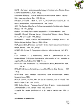 DAVIS y McKeown, Modelos cuantitativos para Administración, México, Grupo
Editorial Iberoamericana, 1986, 758 pp.
FINNIGAN Jerome, P., Guía de Benchmarking empresarial, México, Prentice
Hall, Hispanoamericana, S.A., 1996, 234 pp
FRENCH, Wendell L., y Bell, Jr., Cecil H., Desarrollo organizacional, 5.ª ed.,
México, Prentice-Hall, Hispanoamericana, 1996, 375 pp.
GRAHAM, Pauline, Mary Parker Follet precursora de la Administración, México,
McGraw-Hill, 1997, 307 pp.
Grijalbo, Diccionario Enciclopédico, Grijalbo S.A. 2do tomo España, 1986
HAMMER Michael, Champy James, “Reingeniería”,México, Grupo Editorial
Norma, 12ª reimpresión, 1998, 226 pp.
HARWOOD F., Merrill, Clásicos en Administración, 8.ª reimpr. de la 1.ª ed.,
México, Limusa-Noriega Editores, 1990, 459 pp.
HEIN, Leonard W., El análisis cuantitativo de las decisiones administrativas, 2.ª
reimpr., México, Diana, 1975, 437 pp.
HERSCHER, Enrique G, Pensamiento sistémico, México, Granica, 2003, 270
pp.
KAST, Fremont E., y Rosenzweig, James E., Administración en las
organizaciones. Enfoque de sistemas y de contingencias, 4.ª ed., (segunda en
español), México, McGraw-Hill, 1988, 754 pp.
LUTHANS, Fred, Introducción a la Administración, México, McGraw-Hill, 1984,
450 pp.
MASLOW, Abraham, Motivación y personalidad, Madrid, Díaz Santos,

1991,

436 pp.
MCKEOWN, Davis, Modelos cuantitativos para Administración, México,
Iberoamericana, 1986.
MÜNCH Galindo, Lourdes, Más allá de la Excelencia y de la Calidad Total,
México, Trillas, 2ª ed, 1998, 315 pp.
RÍOS Szalay, Alberto y Paniagua, Aduna Andrés, Orígenes y perspectivas de la
Administración, 2.ª ed., México, Trillas, 1990, 212 pp.
STONER, A.F. James, Administración, 5ª ed., México, Prentice Hall, 1992, 781
pp.

Actividades de aprendizaje
188

 