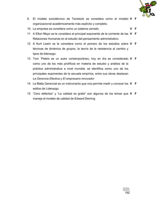 9.

El modelo sociotécnico de Tavistock se considera como el modelo V F
organizacional académicamente más explícito y completo.

10. La empresa se considera como un sistema cerrado.

V F

11 A Elton Mayo se le considera el principal exponente de la corriente de las V F
Relaciones Humanas en el estudio del pensamiento administrativo.
12 A Kurt Lewin se le considera como el pionero de los estudios sobre V F
técnicas de dinámica de grupos, la teoría de la resistencia al cambio y
tipos de liderazgo.
13 Tom ¨Peters es un autor contemporáneo, hoy en día es considerado V F
como uno de los más prolíficos en materia de estudio y análisis de la
práctica administrativa a nivel mundial, se identifica como uno de los
principales exponentes de la escuela empírica, entre sus obras destacan
La Gerencia Efectiva y El empresario innovador
14 La Malla Gerencial es un instrumento que nos permite medir y conocer los V F
estilos de Liderazgo
15 “Cero defectos” y “La calidad es gratis” son algunos de los lemas que V F
maneja el modelo de calidad de Edward Deming

192

 