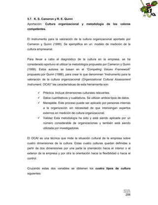 5.7. K. S. Cameron y R. E. Quinn
Aportación:

Cultura

organizacional

y

metodología

de

los

valores

competentes.

El Instrumento para la valoración de la cultura organizacional aportado por
Cameron y Quinn (1999). Se ejemplifica en un: modelo de medición de la
cultura empresarial.

Para llevar a cabo el diagnóstico de la cultura en la empresa, se ha
considerado oportuno el utilizar la metodología propuesta por Cameron y Quinn
(1999). Estos autores se basan en el “Competing Values Framework”
propuesto por Quinn (1988), para crear lo que denominan “Instrumento para la
valoración de la cultura organizacional (Organizational Cultural Assessment
Instrument, OCAI)” las características de esta herramienta son:


Práctica. Incluye dimensiones culturales relevantes.



Datos cuantitativos y cualitativos. Se utilizan ambos tipos de datos.



Manejable. Este proceso puede ser aplicado por personas internas
a la organización sin necesidad de que intervengan expertos
externos en medición de cultura organizacional.



Validez Esta metodología ha sido y está siendo aplicada por un
número considerable de organizaciones y también está siendo
utilizada por investigadores.

El OCAI es una técnica que mide la situación cultural de la empresa sobre
cuatro dimensiones de la cultura. Estas cuatro culturas quedan definidas a
partir de dos dimensiones por una parte la orientación hacia el interior o el
exterior de la empresa y por otra la orientación hacia la flexibilidad o hacia el
control.

Cruzando estas dos variables se obtienen los cuatro tipos de cultura
siguientes:

206

 