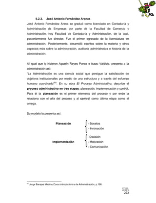 6.2.3.

José Antonio Fernández Arenas

José Antonio Fernández Arena se graduó como licenciado en Contaduría y
Administración de Empresas por parte de la Facultad de Comercio y
Administración, hoy Facultad de Contaduría y Administración, de la cual,
posteriormente fue director. Fue el primer egresado de la licenciatura en
administración. Posteriormente, desarrolló escritos sobre la materia y otros
aspectos más sobre la administración, auditoria administrativa e historia de la
administración.

Al igual que lo hicieron Agustín Reyes Ponce e Isaac Valdivia, presenta a la
administración así:
“La Administración es una ciencia social que persigue la satisfacción de
objetivos institucionales por medio de una estructura y a través del esfuerzo
humano coordinado”65. En su obra El Proceso Administrativo, describe el
proceso administrativo en tres etapas: planeación, implementación y control.
Para él la planeación es el primer elemento del proceso y por ende la
relaciona con el alfa del proceso y al control como última etapa como el
omega.

Su modelo lo presenta así:

Planeación

- Bocetos
- Innovación
- Decisión

Implementación

- Motivación
- Comunicación

65

Jorge Barajas Medina,Curso introductorio a la Administración, p.166.

223

 