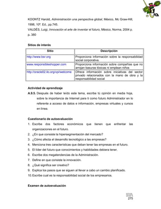 KOONTZ Harold, Administración una perspectiva global, México, Mc Graw-Hill,
1998, 10ª. Ed., pp.745.
VALDÉS, Luigi, Innovación el arte de inventar el futuro, México, Norma, 2004 p.
p. 380

Sitios de interés
Sitio

Descripción

http://www.bsr.org
www.responsibleshopper.com
http://oracle02.ilo.org/vpi/welcome

Proporciona información sobre la responsabilidad
social corporativa.
Proporciona información sobre compañías que no
arrojan basuras tóxicas ni emplean niños
Ofrece información sobre iniciativas del sector
privado relacionados con la mano de obra y la
responsabilidad social

Actividad de aprendizaje
A.9.5. Después de haber leído este tema, escribe tú opinión en media hoja,
sobre la importancia de Internet para ti como futuro Administrador en lo
referente a acceso de datos e información, empresas virtuales y cursos
en línea.

Cuestionario de autoevaluación
1. Escribe

dos

factores

económicos

que

tienen

que

enfrentar

las

organizaciones en el futuro.
2. ¿En que consiste la hipersegmentación del mercado?
3. ¿Cómo afecta el desarrollo tecnológico a las empresas?
4. Menciona tres características que deban tener las empresas en el futuro.
5. El líder del futuro que conocimientos y habilidades debiera tener.
6. Escribe dos megatendencias de la Administración.
7. Define en que consiste la innovación.
8. ¿Qué significa ser creativo?
9. Explica los pasos que se siguen al llevar a cabo un cambio planificado.
10. Escribe cual es la responsabilidad social de los empresarios.

Examen de autoevaluación

275

 
