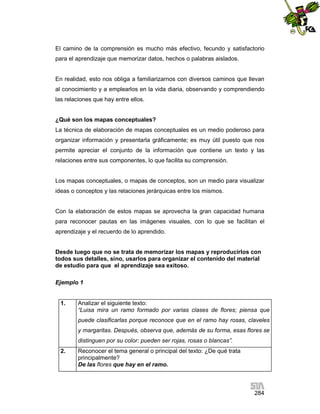 El camino de la comprensión es mucho más efectivo, fecundo y satisfactorio
para el aprendizaje que memorizar datos, hechos o palabras aislados.

En realidad, esto nos obliga a familiarizarnos con diversos caminos que llevan
al conocimiento y a emplearlos en la vida diaria, observando y comprendiendo
las relaciones que hay entre ellos.

¿Qué son los mapas conceptuales?
La técnica de elaboración de mapas conceptuales es un medio poderoso para
organizar información y presentarla gráficamente; es muy útil puesto que nos
permite apreciar el conjunto de la información que contiene un texto y las
relaciones entre sus componentes, lo que facilita su comprensión.

Los mapas conceptuales, o mapas de conceptos, son un medio para visualizar
ideas o conceptos y las relaciones jerárquicas entre los mismos.

Con la elaboración de estos mapas se aprovecha la gran capacidad humana
para reconocer pautas en las imágenes visuales, con lo que se facilitan el
aprendizaje y el recuerdo de lo aprendido.

Desde luego que no se trata de memorizar los mapas y reproducirlos con
todos sus detalles, sino, usarlos para organizar el contenido del material
de estudio para que el aprendizaje sea exitoso.
Ejemplo 1

1.

Analizar el siguiente texto:
“Luisa mira un ramo formado por varias clases de flores; piensa que
puede clasificarlas porque reconoce que en el ramo hay rosas, claveles
y margaritas. Después, observa que, además de su forma, esas flores se
distinguen por su color: pueden ser rojas, rosas o blancas”.

2.

Reconocer el tema general o principal del texto: ¿De qué trata
principalmente?
De las flores que hay en el ramo.

284

 