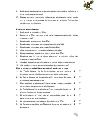 9.

Explica cuál es el papel de la administración como disciplina profesional y
como práctica organizacional.

10. Elabora un cuadro comparativo de la práctica administrativa de hoy en día
con la práctica administrativa de cinco años en adelante. Subraya los
cambios más significativos.

Examen de autoevaluación
1.

Explica qué se entiende por TGA.

2.

Dentro de la TGA, menciona ¿cuál es la importancia del estudio de las
organizaciones?

3.

Menciona los antecedentes de la TGA.

4.

Menciona los principales enfoques del estudio de la TGA.

5.

Menciona los principales retos que enfrenta la TGA.

6.

¿Qué entendemos por contenido de la Administración?

7.

Menciona algunos aspectos del estado actual de la TGA.

8.

Menciona por lo menos cinco elementos a estudiar sobre las
organizaciones por la TGA.

9.

¿Cuál es el papel de administrador en el estudio de las organizaciones?.

10. ¿Se puede concebir a una sociedad actual sin organizaciones?
Elige la opción correcta (falso o verdadero), según sea el caso:
1.

La Teoría General de la Administración es una corriente

F

V

F

V

F

V

F

V

F

V

humanista que permite identificar aspectos del factor humano.
2.

La Teoría General de la Administración nace desde la época
primitiva de las organizaciones.

3.

El contenido de la Administración tiene que ver con los contenidos
de empíricos del pensamiento administrativo.

4.

La Teoría General de la Administración es un principio básico del
proceso de dirección de toda empresa.

5.

El administrador al igual que el emprendedor nace de la
experiencia en las organizaciones.

6.

La cultura organizacional es parte del estudio de la TGA.

F

V

7.

La Burocracia considera que TGA debe de centrar su poder en la

F

V

tecnocracia.

35

 