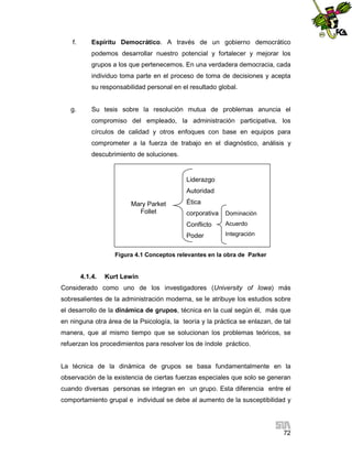 f.

Espíritu Democrático. A través de un gobierno democrático
podemos desarrollar nuestro potencial y fortalecer y mejorar los
grupos a los que pertenecemos. En una verdadera democracia, cada
individuo toma parte en el proceso de toma de decisiones y acepta
su responsabilidad personal en el resultado global.

g.

Su tesis sobre la resolución mutua de problemas anuncia el
compromiso del empleado, la administración participativa, los
círculos de calidad y otros enfoques con base en equipos para
comprometer a la fuerza de trabajo en el diagnóstico, análisis y
descubrimiento de soluciones.

Liderazgo
Autoridad
Mary Parket
Follet

Ética
corporativa

Dominación

Conflicto

Acuerdo

Poder

Integración

Figura 4.1 Conceptos relevantes en la obra de Parker

4.1.4.

Kurt Lewin

Considerado como uno de los investigadores (University of Iowa) más
sobresalientes de la administración moderna, se le atribuye los estudios sobre
el desarrollo de la dinámica de grupos, técnica en la cual según él, más que
en ninguna otra área de la Psicología, la teoría y la práctica se enlazan, de tal
manera, que al mismo tiempo que se solucionan los problemas teóricos, se
refuerzan los procedimientos para resolver los de índole práctico.

La técnica de la dinámica de grupos se basa fundamentalmente en la
observación de la existencia de ciertas fuerzas especiales que solo se generan
cuando diversas personas se integran en un grupo. Esta diferencia entre el
comportamiento grupal e individual se debe al aumento de la susceptibilidad y

72

 