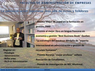 FA C U LTA D D E A D M I N I S T R A C I Ó N D E E M P R E S A S
ELECTIVA PROFESIONA II

- Premio Mejor de papel en la formación en
gestión, 2003
- Premio al mejor libro en lengua francesa en

economía y gestión "Best Business Book" Quebec
"La estrategia del avestruz: Medalla de "experto
internacional en administración y gestión de
Magister en:
- Psicología
- Administración
- Bellas artes
- Ph.D en Administración

recursos humanos”
- Premio Naranja "mejor profesor" soltero
Asociación de Estudiantes.
- Premio de Investigación de HEC Montreal.

Fuente: Aktouf Omar, la administración: entre tradición y renovación
Docente: Ing. Julio César Castaño H.

29/01/2012

1

 