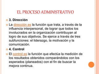 EL PROCESO ADMINISTRATIVO
 3. Dirección
 La dirección es la función que trata, a través de la
influencia interpersonal, de lograr que todos los
involucrados en la organización contribuyan al
logro de sus objetivos. Se ejerce a través de tres
subfunciones: el liderazgo, la motivación y la
comunicación.
 4. Control
 El control es la función que efectúa la medición de
los resultados obtenidos comparándolos con los
esperados (planeados) con el fin de buscar la
mejora continua.
 