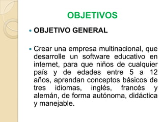 OBJETIVOSOBJETIVO GENERALCrear una empresa multinacional, que desarrolle un software educativo en internet, para que niños de cualquier país y de edades entre 5 a 12 años, aprendan conceptos básicos de tres idiomas, inglés, francés y alemán, de forma autónoma, didáctica y manejable.