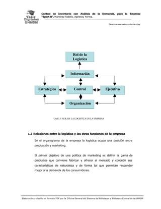 Control de Inventario con Análisis de la Demanda, para la Empresa
                   “Sport B”. Martínez Robles, Agnessy Yerina.


                                                                                     Derechos reservados conforme a Ley




                                                 Rol de la
                                                 Logística


                                               Información



                Estratégico                       Control                        Ejecutivo


                                              Organización


                               Graf 1.1- ROL DE LA LOGISTICA EN LA EMPRESA




     1.3 Relaciones entre la logística y las otras funciones de la empresa

            En el organigrama de la empresa la logística ocupa una posición entre
            producción y marketing.


            El primer objetivo de una política de marketing es definir la gama de
            productos que conviene fabricar y ofrecer al mercado y concebir sus
            características de naturaleza y de forma tal que permitan responder
            mejor a la demanda de los consumidores.




Elaboración y diseño en formato PDF por la O ficina General del Sistema de Bibliotecas y Biblioteca Central de la UNMSM
 