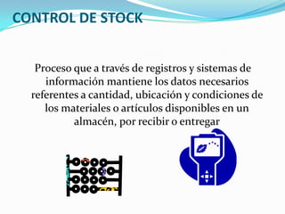CONTROL DE STOCKProceso que a través de registros y sistemas de información mantiene los datos necesarios referentes a cantidad, ubicación y condiciones de los materiales o artículos disponibles en un almacén, por recibir o entregar