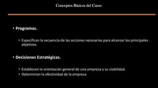 • Programas.
• Especifican la secuencia de las acciones necesarias para alcanzar los principales
objetivos.
• Decisiones Estratégicas.
• Establecen la orientación general de una empresa y su viabilidad.
• Determinan la efectividad de la empresa
Conceptos Básicos del Curso
 