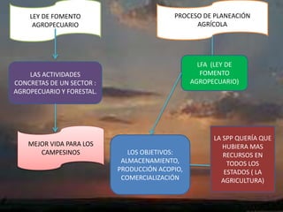 LEY DE FOMENTO
AGROPECUARIO
LAS ACTIVIDADES
CONCRETAS DE UN SECTOR :
AGROPECUARIO Y FORESTAL.
MEJOR VIDA PARA LOS
CAMPESINOS
PROCESO DE PLANEACIÓN
AGRÍCOLA
LFA (LEY DE
FOMENTO
AGROPECUARIO)
LOS OBJETIVOS:
ALMACENAMIENTO,
PRODUCCIÓN ACOPIO,
COMERCIALIZACIÓN
LA SPP QUERÍA QUE
HUBIERA MAS
RECURSOS EN
TODOS LOS
ESTADOS ( LA
AGRICULTURA)
 