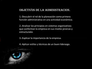 Objetivos de la administracion.

1.-Descubrir el rol de la planeación como primera
función administrativa en una actividad económica.

2.-Analizar los principios en sistemas organizativos
que conforman la empresa en sus niveles jerarcas y
estructurales

3.-Explicar la importancia de la empresa.

4.-Aplicar estilos y técnicas de un buen liderazgo.
 