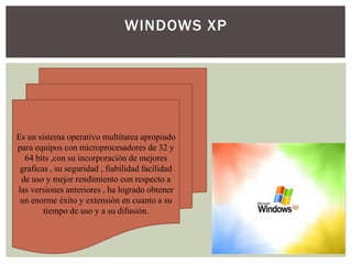WINDOWS XP

Es un sistema operativo multitarea apropiado
para equipos con microprocesadores de 32 y
64 bits ,con su incorporación de mejores
graficas , su seguridad , fiabilidad facilidad
de uso y mejor rendimiento con respecto a
las versiones anteriores , ha logrado obtener
un enorme éxito y extensión en cuanto a su
tiempo de uso y a su difusión.

 