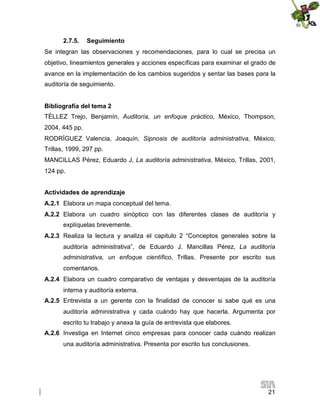 2.7.5.

Seguimiento

Se integran las observaciones y recomendaciones, para lo cual se precisa un
objetivo, lineamientos generales y acciones específicas para examinar el grado de
avance en la implementación de los cambios sugeridos y sentar las bases para la
auditoría de seguimiento.
Bibliografía del tema 2
TÈLLEZ Trejo, Benjamín, Auditoría, un enfoque práctico, México, Thompson,
2004, 445 pp.
RODRÍGUEZ Valencia, Joaquín, Sipnosis de auditoría administrativa, México,
Trillas, 1999, 297 pp.
MANCILLAS Pérez, Eduardo J, La auditoría administrativa, México, Trillas, 2001,
124 pp.
Actividades de aprendizaje
A.2.1 Elabora un mapa conceptual del tema.
A.2.2 Elabora un cuadro sinóptico con las diferentes clases de auditoría y
explíquelas brevemente.
A.2.3 Realiza la lectura y analiza el capitulo 2 “Conceptos generales sobre la
auditoría administrativa”, de Eduardo J. Mancillas Pérez, La auditoría
administrativa, un enfoque científico, Trillas. Presente por escrito sus
comentarios.
A.2.4 Elabora un cuadro comparativo de ventajas y desventajas de la auditoría
interna y auditoría externa.
A.2.5 Entrevista a un gerente con la finalidad de conocer si sabe qué es una
auditoría administrativa y cada cuándo hay que hacerla. Argumenta por
escrito tu trabajo y anexa la guía de entrevista que elabores.
A.2.6 Investiga en Internet cinco empresas para conocer cada cuándo realizan
una auditoría administrativa. Presenta por escrito tus conclusiones.

21

 