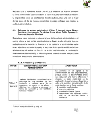 Recuerda que lo importante es que una vez que aprendas los diversos enfoques
tú como administrador y colocándote en el papel de auditor administrativo elabores
tu propia crítica sobre las aportaciones de estos autores, elijas uno o en el mejor
de los casos el día de mañana desarrolles tú propio enfoque para realizar la
auditoría administrativa.
4.1.

Enfoques de autores principales ( William P Leonard, Jorge Álvarez
Anguiano, José Antonio Fernández Arena, Víctor Rubio Ragazzoni y
Francisco Montaño Sánchez)

Después de haber visto que el origen y la base de la auditoría administrativa es el
control interno y que en las organizaciones se llevan a cabo diversos tipos de
auditoría como la contable, la financiera, la de calidad y la administrativa, entre
otras, además de aprender el papel y la responsabilidad que tiene el Licenciado en
Administración al realizar su función de auditor administrativo, a continuación,
aprenderás las definiciones y la metodología que diversos autores han propuesto
en relación a la auditoría administrativa.
4.1.1. Conceptos y aportaciones
AUTOR

William P.
Leonard

15

CONCEPTO DE AUDITORÍA
ADMINISTRATIVA

"Examen comprensivo y constructivo de la
estructura de una empresa, de una
institución, o cualquier parte de un
organismo, en cuanto a los planes y
objetivos, sus métodos y controles, su
forma de operación y sus facilidades
humanas y físicas” 15

APORTACIÓN
La auditoría es un apoyo a la
administración de las organizaciones,
porque auxilia a determinadas áreas
que requieren una mayor eficiencia y
eficacia, es decir efectividad en la
realización de sus funciones, llevando a
cabo una revisión y consideración de la
organización, con el fin de precisar:
 pérdidas y deficiencias
 menores métodos
 mejores formas de control
 operaciones más eficientes y mejor
uso de los recursos físicos y
humanos

Joaquín Rodríguez Valencia, op. cit. p. 69.

41

 