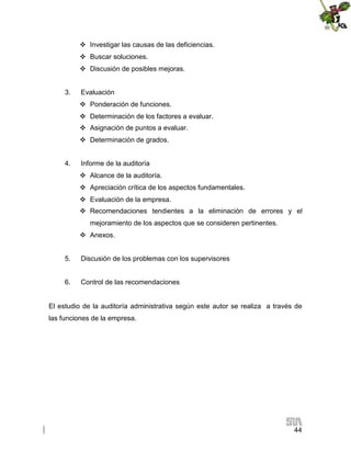  Investigar las causas de las deficiencias.
 Buscar soluciones.
 Discusión de posibles mejoras.
3.

Evaluación
 Ponderación de funciones.
 Determinación de los factores a evaluar.
 Asignación de puntos a evaluar.
 Determinación de grados.

4.

Informe de la auditoría
 Alcance de la auditoría.
 Apreciación crítica de los aspectos fundamentales.
 Evaluación de la empresa.
 Recomendaciones tendientes a la eliminación de errores y el
mejoramiento de los aspectos que se consideren pertinentes.
 Anexos.

5.

Discusión de los problemas con los supervisores

6.

Control de las recomendaciones

El estudio de la auditoría administrativa según este autor se realiza a través de
las funciones de la empresa.

44

 