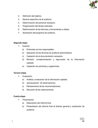 2.

Definición del objetivo.

3.

Alcance específico de la auditoría.

4.

Determinación del personal necesario.

5.

Programación del tiempo estimado.

6.

Determinación de las técnicas y herramientas a utilizar.

7.

Aprobación del programa de auditoría.

Segunda etapa
1.

Examen
a)

Entrevista con los responsables.

b)

Aplicación de las técnicas de auditoría administrativa.

c)

Captación de la documentación necesaria.

d)

Revisión, complementación y depuración de la información
captada.

e)

Captación de opiniones y sugerencias.

Tercera etapa
1.

Evaluación.
a)

Análisis y evaluación de la información captada.

b)

Jerarquización de observaciones.

c)

Planteamiento de las recomendaciones.

d)

Discusión de las observaciones.

Cuarta etapa
1.

Presentación
a)

Elaboración del informe final.

b)

Presentación del informe final al director general y subdirector de
auditoría.

46

 