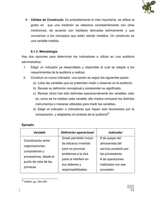  Validez de Constructo. Es probablemente la más importante, se refiere al
grado en

que una medición se relaciona consistentemente con otras

mediciones, de acuerdo con hipótesis derivadas teóricamente y que
conciernen a los conceptos que están siendo medidos. Un constructo es
una variable medida.
6.1.3. Metodología
Hay dos opciones para determinar los indicadores a utilizar en una auditoría
administrativa:
1.

Elegir un indicador ya desarrollado y disponible el cual se adapte a los
requerimientos de la auditoría a realizar.

2.

Construir un nuevo indicador, una opción es seguir los siguientes pasos:
a) Listar las variables que se pretenden medir u observar en la auditoría.
b) Revisar su definición conceptual y comprender su significado.
c) Revisar cómo han sido definidas operacionalmente las variables, esto
es, como se ha medido cada variable, ello implica comparar los distintos
instrumentos o maneras utilizadas para medir las variables.
d) Elegir el indicador o indicadores que hayan sido favorecidos por la
comparación, y adaptarlos al contexto de la auditoría35

Ejemplo:
Variable
Coordinación entre
organizaciones,
compradoras y
proveedoras, desde el
punto de vista de las
primeras.

35

Definición operacional

Indicador

Grado percibido mutuo

# de quejas del

de esfuerzo invertido

almacenista del

para no provocar

servicio prestado por

problemas a la otra

los proveedores

parte al interferir en

# de operaciones

sus deberes y

realizadas con ese

responsabilidades.

proveedor

Ibidem, pp. 244-245.

71

 