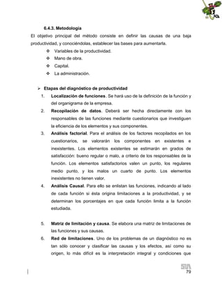 6.4.3. Metodología
El objetivo principal del método consiste en definir las causas de una baja
productividad, y conociéndolas, establecer las bases para aumentarla.
 Variables de la productividad.
 Mano de obra.
 Capital.
 La administración.
 Etapas del diagnóstico de productividad
1.

Localización de funciones. Se hará uso de la definición de la función y
del organigrama de la empresa.

2.

Recopilación de datos. Deberá ser hecha directamente con los
responsables de las funciones mediante cuestionarios que investiguen
la eficiencia de los elementos y sus componentes.

3.

Análisis factorial. Para el análisis de los factores recopilados en los
cuestionarios,

se

valorarán

los

componentes

en

existentes

e

inexistentes. Los elementos existentes se estimarán en grados de
satisfacción: bueno regular o malo, a criterio de los responsables de la
función. Los elementos satisfactorios valen un punto, los regulares
medio punto, y los malos un cuarto de punto. Los elementos
inexistentes no tienen valor.
4.

Análisis Causal. Para ello se enlistan las funciones, indicando al lado
de cada función si ésta origina limitaciones a la productividad, y se
determinan los porcentajes en que cada función limita a la función
estudiada.

5.

Matriz de limitación y causa. Se elabora una matriz de limitaciones de
las funciones y sus causas.

6.

Red de limitaciones. Uno de los problemas de un diagnóstico no es
tan sólo conocer y clasificar las causas y los efectos, así como su
origen, lo más difícil es la interpretación integral y condiciones que

79

 