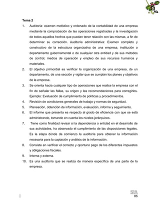 Tema 2
1.

Auditoría: examen metódico y ordenado de la contabilidad de una empresa
mediante la comprobación de las operaciones registradas y la investigación
de todos aquellos hechos que puedan tener relación con las mismas, a fin de
determinar su corrección. Auditoría administrativa: Examen completo y
constructivo de la estructura organizativa de una empresa, institución o
departamento gubernamental o de cualquier otra entidad y de sus métodos
de control, medios de operación y empleo de sus recursos humanos y
materiales.

2.

El objetivo primordial es verificar la organización de una empresa, de un
departamento, de una sección y vigilar que se cumplan los planes y objetivos
de la empresa.

3.

Se orienta hacia cualquier tipo de operaciones que realice la empresa con el
fin de señalar las fallas, su origen y las recomendaciones para corregirlos.
Ejemplo: Evaluación de cumplimiento de políticas y procedimientos.

4.

Revisión de condiciones generales de trabajo y normas de seguridad.

5.

Planeación, obtención de información, evaluación, informe y seguimiento.

6.

El informe que presenta es respecto al grado de eficiencia con que se está
administrando, tomando en cuenta los niveles jerárquicos.

7.

Tiene como finalidad revisar si la dependencia o entidad en el desarrollo de
sus actividades, ha observado el cumplimiento de las disposiciones legales.
Es la etapa donde da comienzo la auditoría para obtener la información
necesaria para la captación y análisis de la información.

8.

Consiste en verificar el correcto y oportuno pago de los diferentes impuestos
y obligaciones fiscales.

9.

Interna y externa.

10. Es una auditoría que se realiza de manera específica de una parte de la
empresa.

86

 