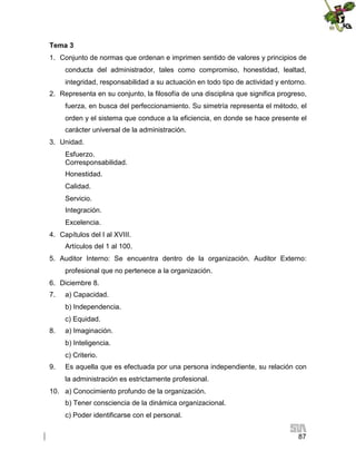 Tema 3
1. Conjunto de normas que ordenan e imprimen sentido de valores y principios de
conducta del administrador, tales como compromiso, honestidad, lealtad,
integridad, responsabilidad a su actuación en todo tipo de actividad y entorno.
2. Representa en su conjunto, la filosofía de una disciplina que significa progreso,
fuerza, en busca del perfeccionamiento. Su simetría representa el método, el
orden y el sistema que conduce a la eficiencia, en donde se hace presente el
carácter universal de la administración.
3. Unidad.
Esfuerzo.
Corresponsabilidad.
Honestidad.
Calidad.
Servicio.
Integración.
Excelencia.
4. Capítulos del I al XVIII.
Artículos del 1 al 100.
5. Auditor Interno: Se encuentra dentro de la organización. Auditor Externo:
profesional que no pertenece a la organización.
6. Diciembre 8.
7.

a) Capacidad.
b) Independencia.
c) Equidad.

8.

a) Imaginación.
b) Inteligencia.
c) Criterio.

9.

Es aquella que es efectuada por una persona independiente, su relación con
la administración es estrictamente profesional.

10. a) Conocimiento profundo de la organización.
b) Tener consciencia de la dinámica organizacional.
c) Poder identificarse con el personal.
87

 