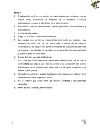 Tema 6
1.

Es el nombre genérico que reciben las diferentes razones aritméticas que se
utilizan como instrumento de medición de la eficiencia y eficacia
administrativa, es decir la efectividad de la administración.

2.

Rentabilidad, liquidez, financiamiento, ventas, producción, abastecimientos y
fuerza laboral.

3.

Confiabilidad y validez.

4.

Elegir un indicador, o construir un indicador.

5

Las escalas son un tipo de instrumentos para medir las variables

que

tenemos en cada uno de los indicadores a utilizar en la auditoría
administrativa, las escalas nos permitirán diseñar los cuestionarios, las listas
de checado, y las cédulas de forma tal que arrojen evidencias sistematizadas
y objetivas para ser evaluadas.
6.

Escala de Likert y escala de Geuttman.

7.

Con base en ciertos conceptos previamente determinados, se le pide al
entrevistado que elija el que más se acerca a su percepción del evento.
Previamente se le muestra una tarjeta con los términos, excelente, muy
bueno, bueno y malo.

8.

Consiste en examinar y evaluar los factores que intervienen e influyen en la
administración de un organismo social.

9.

Es la relación que existe entre los insumos utilizados y los productos
obtenidos.

10. Mano de obra, calidad y administración.

90

 