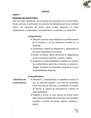 ANEXOS
ANEXO 1
Elementos del control interno
Para una mejor comprensión de los factores que intervienen en el control interno
de las empresas, a continuación se presentan los elementos que forman parte del
mismo. Los elementos del control interno pueden agruparse en cuatro
clasificaciones: a) organización, b) procedimientos, c) personal y, d) supervisión.
a) Organización
 Dirección: asume la responsabilidad de la política general
de la empresa y de las decisiones tomadas en su
desarrollo.
 Coordinación: adapta las obligaciones y necesidades de
las partes integrantes de la empresa.
 División de labores: define claramente la independencia
de las funciones de operación, custodia y registro.
 Asignación de responsabilidades: establece con claridad
los nombramientos dentro de la empresa, su jerarquía y
delegue facultades de autorización congruentes con las
responsabilidades asignadas.
b) Procedimientos
Elementos del

 Planeación y sistematización: es deseable encontrar en

Control Interno

uso un instructivo general o una serie de instructivos
sobre funciones de dirección y coordinación, la división
de labores, el sistema de autorizaciones y fijación de
responsabilidades.
 Registros y formas: un buen sistema de control interno
debe procurar procedimientos adecuados para el registro
completo y correcto de activos, pasivos, productos y
gastos.

92

 
