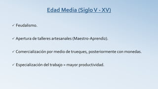 Edad Media (SigloV - XV)
 Feudalismo.
 Apertura de talleres artesanales (Maestro-Aprendiz).
 Comercialización por medio de trueques, posteriormente con monedas.
 Especialización del trabajo = mayor productividad.
 