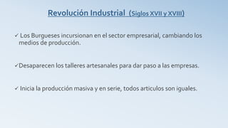 Revolución Industrial (Siglos XVII y XVIII)
 Los Burgueses incursionan en el sector empresarial, cambiando los
medios de producción.
Desaparecen los talleres artesanales para dar paso a las empresas.
 Inicia la producción masiva y en serie, todos articulos son iguales.
 