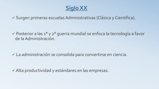 Siglo XX
 Surgen primeras escuelas Administrativas (Clásica y Científica).
 Posterior a las 1° y 2° guerra mundial se enfoca la tecnología a favor
de la Administración.
 La administración se consolida para convertirse en ciencia.
 Alta productividad y estándares en las empresas.
 
