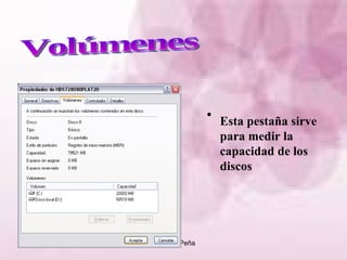Esta pestaña sirve para medir la capacidad de los discos Volúmenes 
