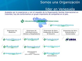 Somos una Organización  líder en Venezuela Avalados por la experiencia y con el respaldo de la Organización Sanitas Internacional en Colombia, hoy día conformamos un grupo importante de compañías en el país. Empresas de Medicina Empresas de Infraestructura Clínica y Hospitalaria Empresas de Serv. Integrales de Salud al Usuario Empresas de Serv. Industriales y Comerciales PRÓXIMAMENTE CLÍNICA (STA. PAULA – CARACAS) PRÓXIMAMENTE 