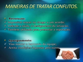 Retratação:
 Impossível vencer ou chegar a um acordo;
 Defende a saída, o desligamento da situação;
 Também utilizada para preservar a reputação;

Apaziguamento:
 Visa manter a harmonia da equipe;
 Aceita condições impostas pelo outro;

 