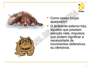 



Como essas forças
aparecem?
O ambiente externo traz,
aqueles que prestam
atenção nele, impulsos
que podem significar a
necessidade de
movimentos defensivos
ou ofensivos.

3

 
