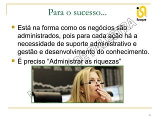 Para o sucesso...




Está na forma como os negócios são
administrados, pois para cada ação há a
necessidade de suporte administrativo e
gestão e desenvolvimento do conhecimento.
É preciso “Administrar as riquezas”

4

 