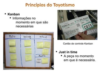  Kanban
 Informações no
momento em que são
necessárias

Cartão de controle Kanban

 Just in time
 A peça no momento
em que é necessária.

 
