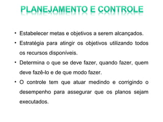 • Estabelecer metas e objetivos a serem alcançados.
• Estratégia para atingir os objetivos utilizando todos
os recursos disponíveis.
• Determina o que se deve fazer, quando fazer, quem
deve fazê-lo e de que modo fazer.
• O controle tem que atuar medindo e corrigindo o
desempenho para assegurar que os planos sejam
executados.

 
