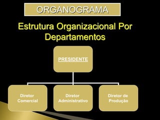 PRESIDENTE
Diretor
Comercial
Diretor
Administrativo
Diretor de
Produção
ORGANOGRAMA
Estrutura Organizacional Por
Departamentos
 