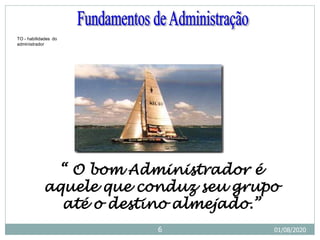“ O bom Administrador é
aquele que conduz seu grupo
até o destino almejado.”
TO - habilidades do
administrador
01/08/2020
6
 