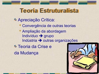 Teoria Estruturalista
Apreciação Crítica:
Convergência de outras teorias
Ampliação da abordagem
Indivíduo  grupo
Indústria  outras organizações
Teoria da Crise e
da Mudança
 