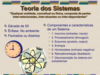 Teoria dos Sistemas
Teoria dos Sistemas
“Qualquer entidade, conceitual ou física, composta de partes
“Qualquer entidade, conceitual ou física, composta de partes
inter-relacionadas, inter-atuantes ou inter-dependentes”
inter-relacionadas, inter-atuantes ou inter-dependentes”
Década de 50
Ênfase: No ambiente
Fechados ou Abertos
Componentes e características
de um Sistema
 1. Insumos (entradas, inputs)
 2. Processamento (througput)
 3. Exsumos (produto, output)
 4. Entropia
 5. Homeostase (entropia negativa)
 6. Retroalimentação (feedback)
 7. Decomposição do sistema em
subsistemas
 
