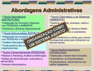 Abordagens Administrativas
Abordagens Administrativas
Teoria Neoclássica
(ESTRUTURA)
Integração de Conceitos Clássicos
com PESSOAS e AMBIENTE
Eficiência e Eficácia Organizacional
Administração por Objetivos
Teoria Estruturalista (ESTRUTURA)
Integração de conceitos da Burocracia
com PESSOAS e AMBIENTE
Análise Interorganizacional
Visão positiva dos conflitos
organizacionais
Teoria Comportamental (PESSOAS)
Maslow e Herzberg: Análise da Motivação
Estilos de Administração: autocrático e
democrático
Homem Administrativo
Teoria Cibernética e de Sistemas
(AMBIENTE)
Sistema: entrada, processo, saída e
retroação
Organização como Sistema Aberto
Subsistema técnico e subsistema
social
Visão Sistêmica é a lente que a teoria
contingencial usará para interpretar as
demais teorias
Teoria NeoSchumpeteriana
(TECNOLOGIA)
Destruição criadora das inovações
Importância do Empreendedor
Evolucionismo: sobrevivência dos
melhor adaptados
ORGANIZAÇÃO COMO
UM SISTEMA ABERTO
 