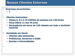 Nossos Clientes Externos Empresas Anunciantes : ? Clientes Assinantes: Classe A, B e C (6 milhões de pessoas em 120 lares) Faixa Etária 11 aos 70 anos Abrangência em torno de 120 cidades em todo o território nacional Sociedade em Geral: Clientes não-assinantes Prefeituras, Governos e União Escolas e Universidades 