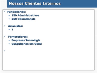 Nossos Clientes Internos Funcionários : 150 Administrativos 250 Operacionais Acionistas: ? Fornecedores: Empresas Tecnologia Consultorias em Geral 