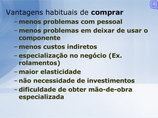 Vantagens habituais de  comprar menos problemas com pessoal menos problemas em deixar de usar o componente menos custos indiretos especialização no negócio (Ex. rolamentos) maior elasticidade não necessidade de investimentos dificuldade de obter mão-de-obra especializada  Q 
