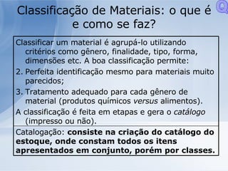 Classificação de Materiais: o que é e como se faz? Q Catalogação:  consiste na criação do catálogo do estoque, onde constam todos os itens apresentados em conjunto, porém por classes. Classificar um material é agrupá-lo utilizando critérios como gênero, finalidade, tipo, forma, dimensões etc. A boa classificação permite: Perfeita identificação mesmo para materiais muito parecidos; Tratamento adequado para cada gênero de material (produtos químicos  versus  alimentos). A classificação é feita em etapas e gera o  catálogo  (impresso ou não). 