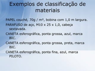 Exemplos de classificação de materiais PAPEL couché, 70g / m², bobina com 1,0 m largura. PARAFUSO de aço, M10 x 25 x 1,0, cabeça sextavada. CANETA esferográfica, ponta grossa, azul, marca BIC. CANETA esferográfica, ponta grossa, preta, marca BIC. CANETA esferográfica, ponta fina, azul, marca PILOTO. 
