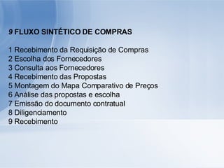 9  FLUXO SINTÉTICO DE COMPRAS 1 Recebimento da Requisição de Compras 2 Escolha dos Fornecedores 3 Consulta aos Fornecedores 4 Recebimento das Propostas 5 Montagem do Mapa Comparativo de Preços 6 Análise das propostas e escolha 7 Emissão do documento contratual 8 Diligenciamento 9 Recebimento 