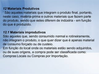 12  Materiais Produtivos ‘  São aqueles materiais que integram o produto final, portanto, neste caso, matéria-prima e outros materiais que fazem parte do produto, sendo que estes diferem de indústria - em função do que é produzido. 12.1  Materiais improdutivos São aqueles que, sendo consumido normal e rotineiramente, não integram o produto, o que quer dizer que é apenas material de consumo forçado ou de custeio. Em função do local onde os materiais estão sendo adquiridos, ou de suas origens, a compra pode ser classificada como: Compras Locais ou Compras por Importação. 